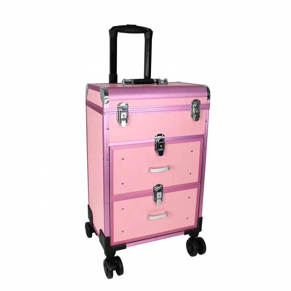 

Pink Rolling Makeup Train Case Cosmetic Trolley Large Storage Traveling Cart Trunk Cosmetic Train Case for Nail Technicians