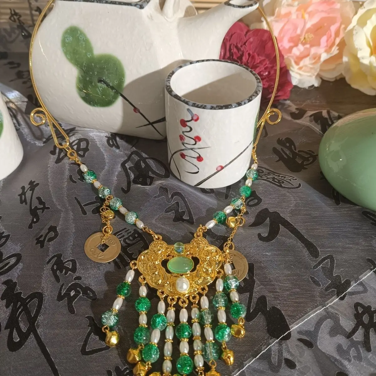 สร้อยคอ TGCF ชื่อ Qi Rong สำหรับคอสเพลย์ ทำมือ พู่ห้อยสไตล์โบราณ อนิเมะ สีเขียว