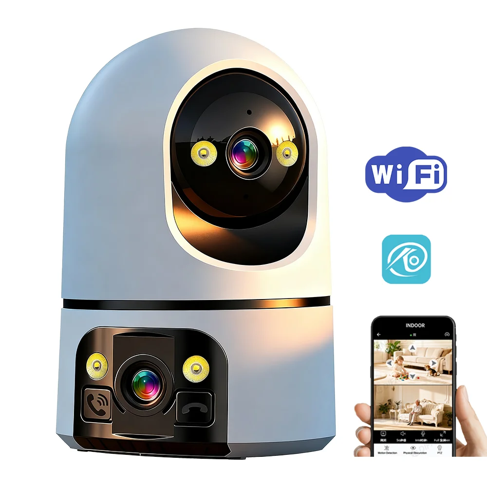 Dual Lens Indoor WiFi Security Camera, Night Vision Wireless Surveillance IP PTZ Camera, Wireless WiFi Video Monitoring O-kam
