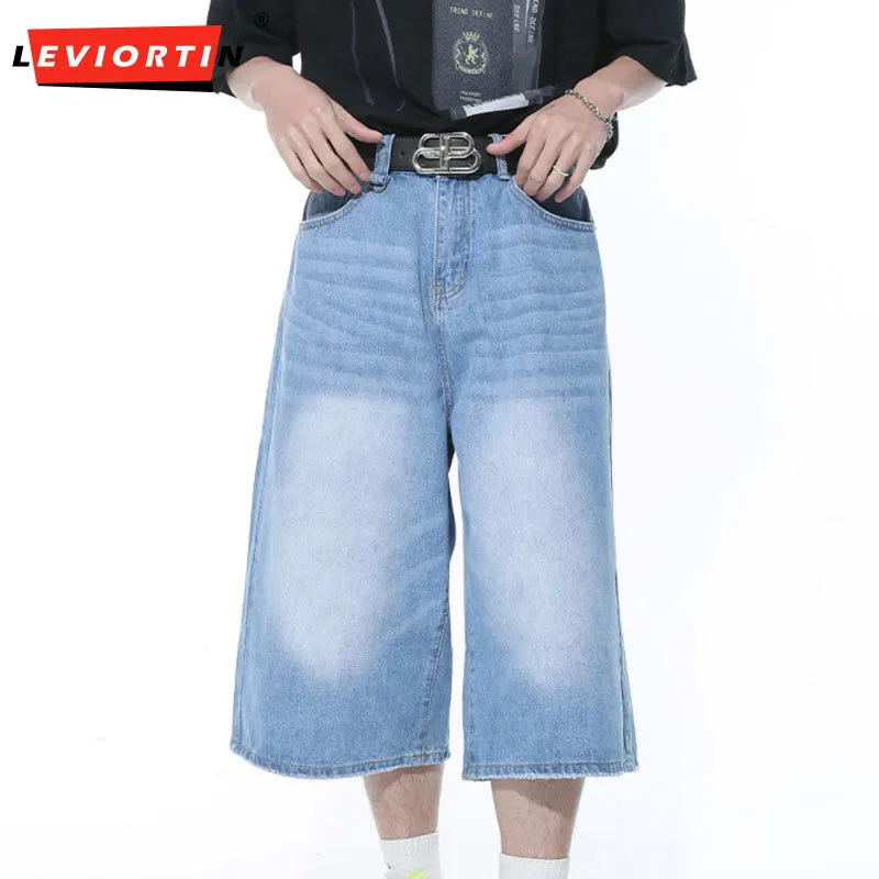 Men's wide leg denim shorts in contrasting colors, fashionable washed, 2024 summer new style, fashionable loose cropped pants