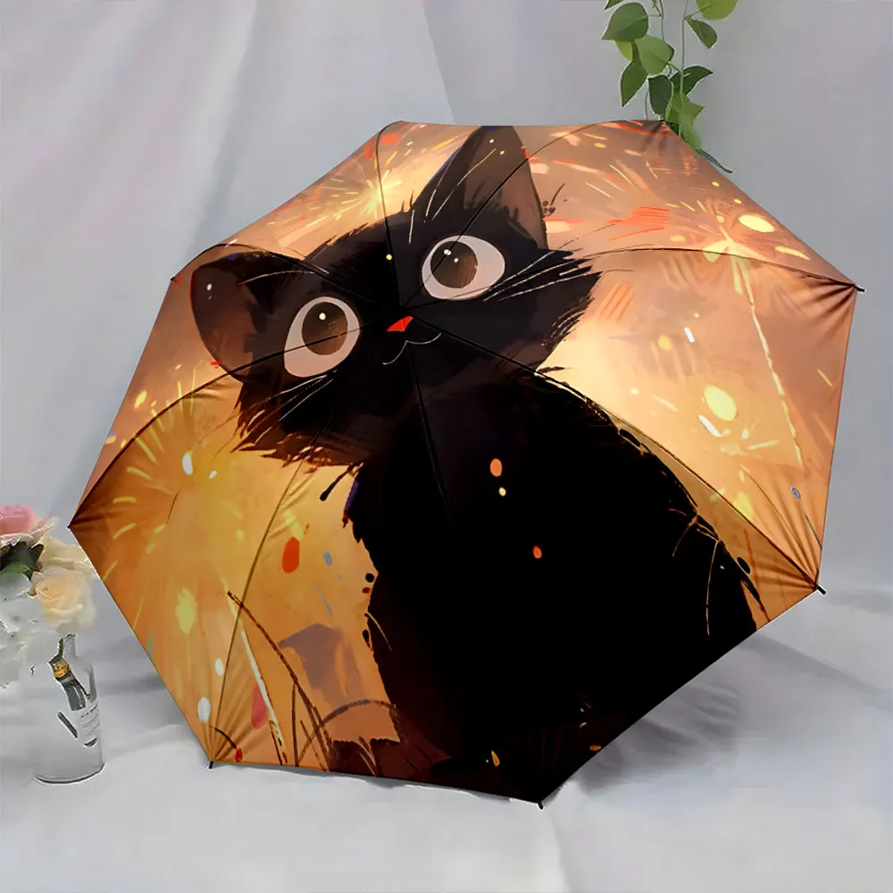 1PC Cute Black Cat Umbrella with Bright Firework Design Print 8 Iron Ribs Folding Umbrella Auto-Open Fashion Sunshade