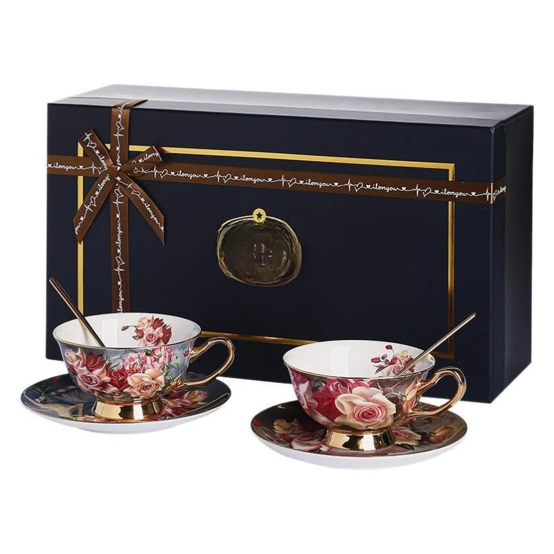 

Rose European ceramic bone china coffee cup saucer set retro British afternoon tea set tea cup gift box gift