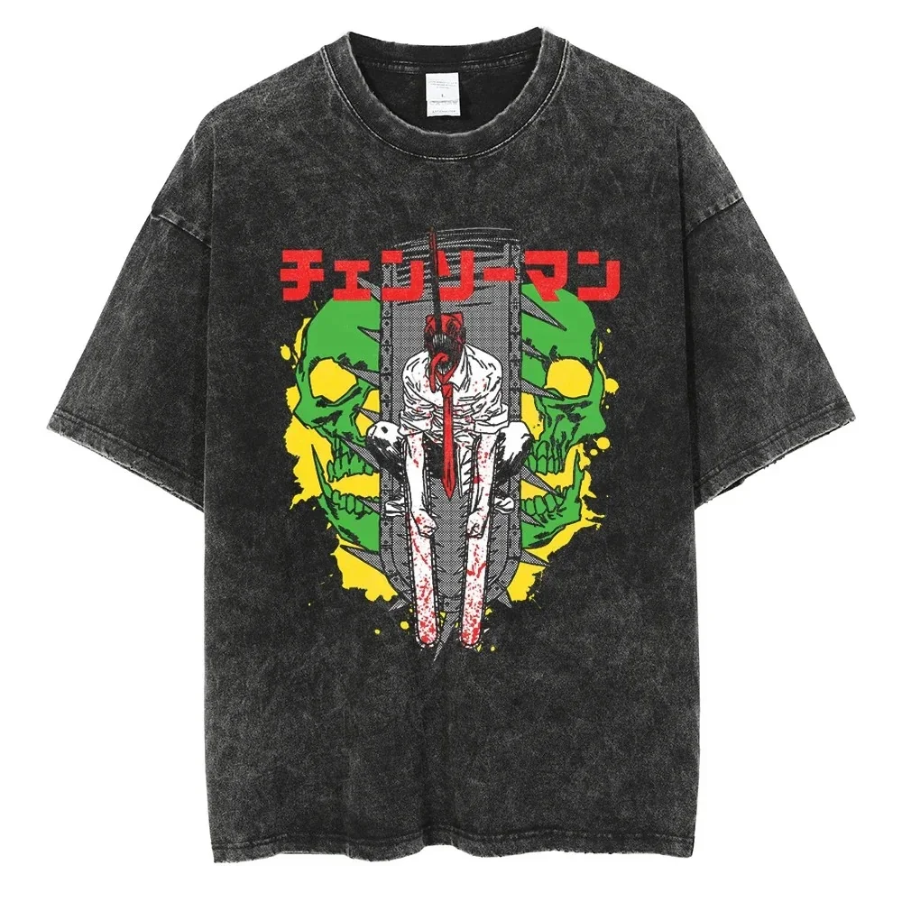 

Chainsaw Man Anime Pattern Printed Washed T-shirt for Men and Women Trendy Retro Oversized Casual Street Style Summer T-shirt