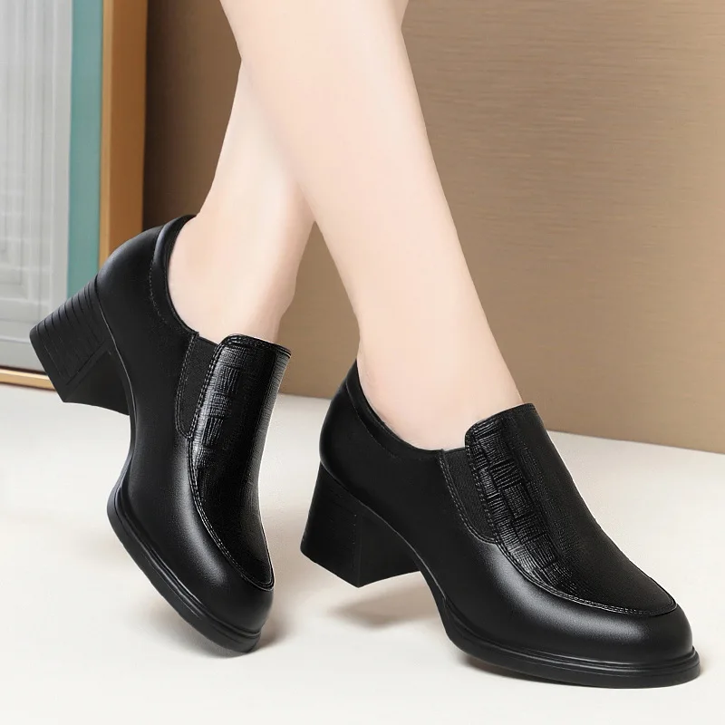 

4cm 5cm Vintage Med Block Heels Soft Leather Shoes Women Loafers 2024 Spring Breathable Black Platform Shoes for Office Mom