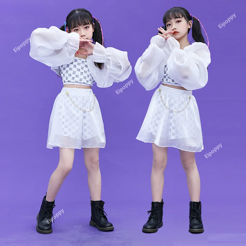 Girl Group Clothes Sets Hip Hop Kids Crop Top Chiffon Pants Street Dance Lace Skirts Child Fashion Streetwear Elegant Costumes