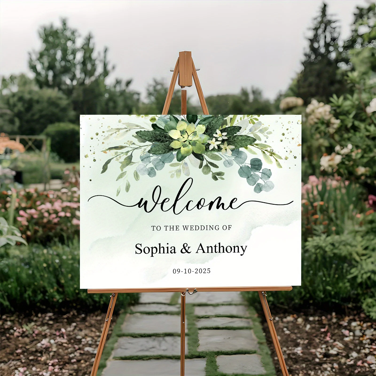 1pc Custom Wedding Welcome Sign Green Floral Design Romantic Decorative Plaque for Weddings Christenings Bridal Show Decorations