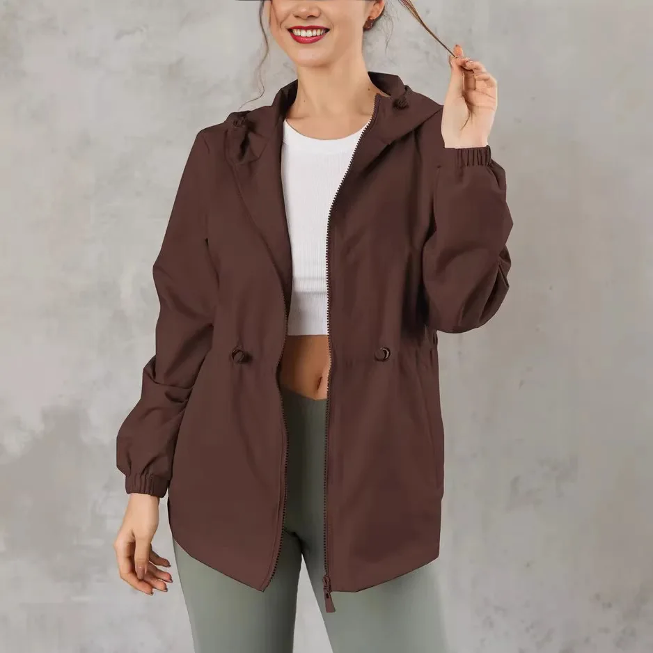 Hooded Zip Up Windbreaker Jacket Modern Classic Solid Color Drawstring Waist Long Sleeve Pockets Casual Outdoor Outerwear Jacket