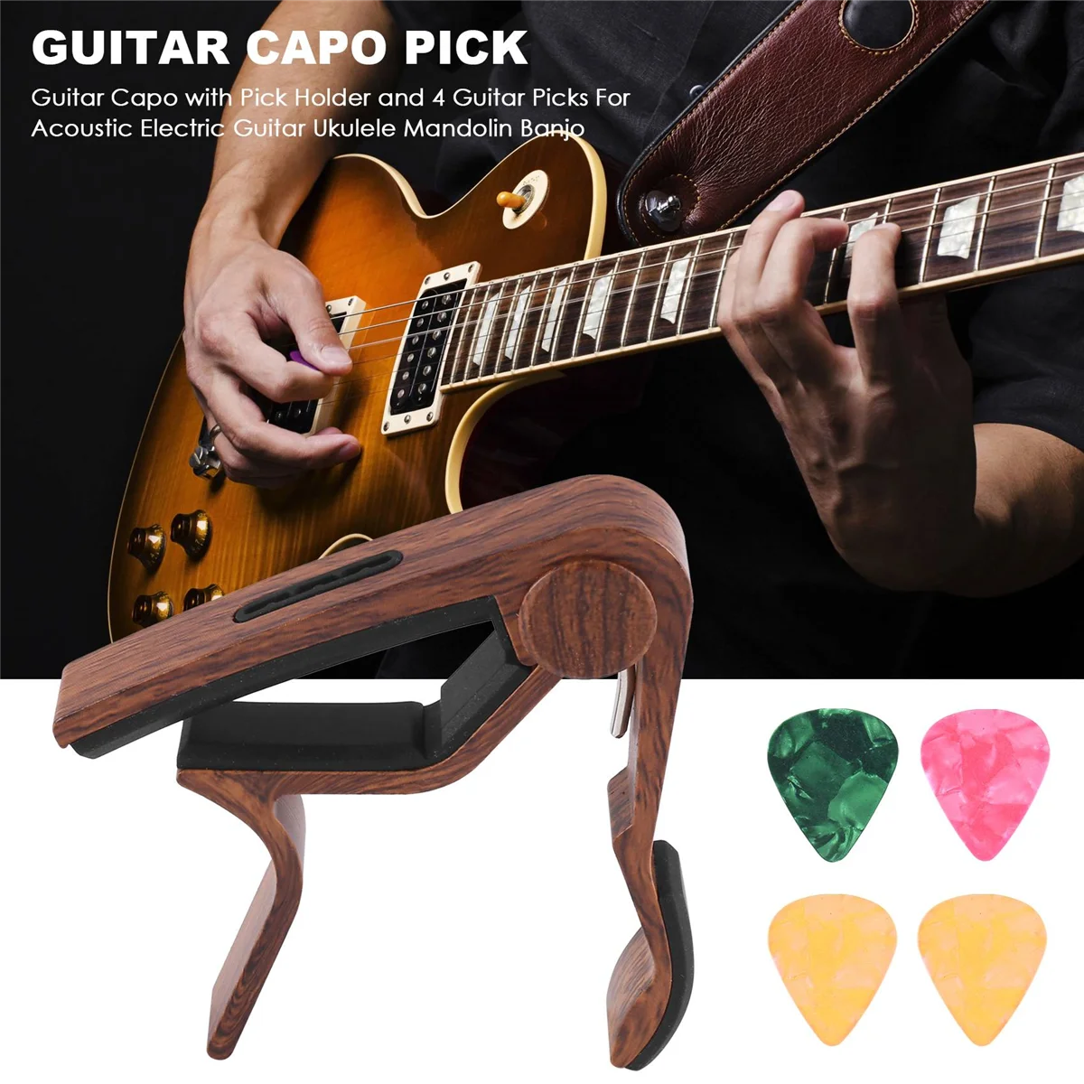 Gitaar Capo Met Pick-Houder En 4 Gitaar Plectrums Voor Akoestische Elektrische Gitaar Ukelele Mandoline Banjo