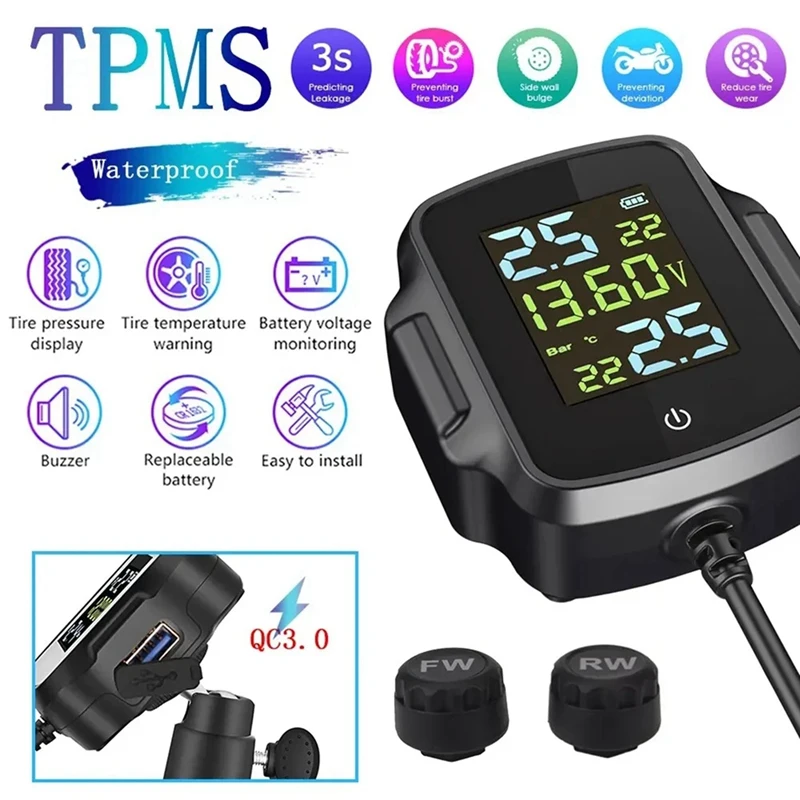 TPMS Motorcycle Tire Pressure Monitoring System With 2 External Sensors Smart Tyre Alarm Kit Universal