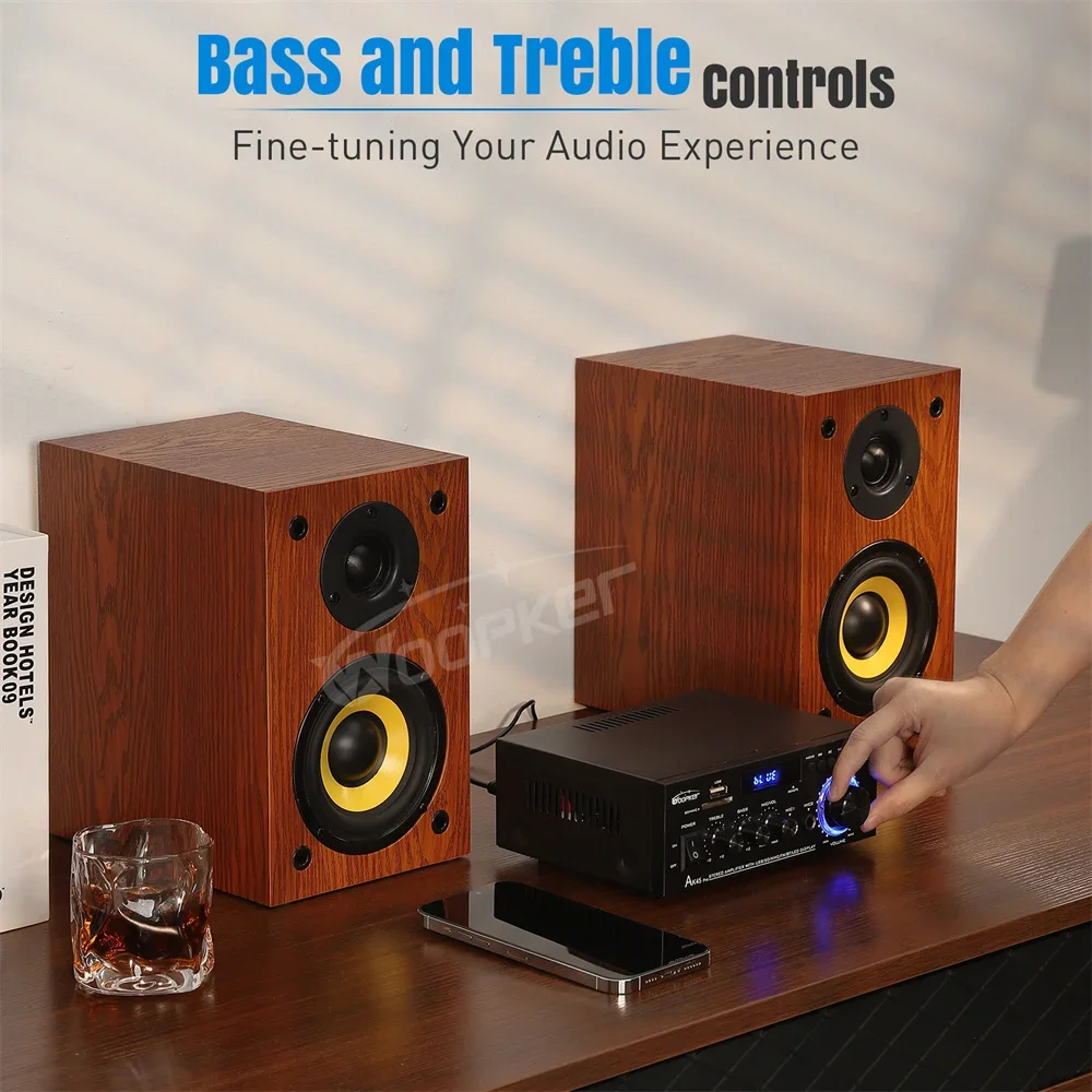 Woopker-AK45 Pro Amplificador de Potência, HiFi Surround Sound, 2.0 Channel Amplificador Digital, Bluetooth 5.0, Suporte FM, USB MIC para Casa e Carro