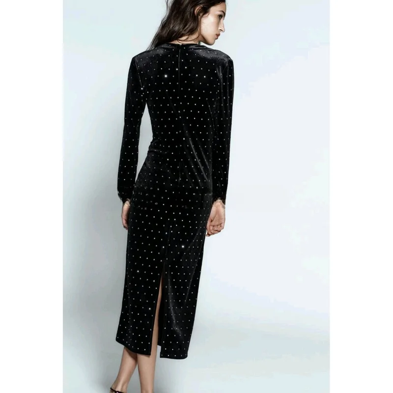 Winter Nieuwe Dames Fluwelen Midi Dr V-Ne Lange Sve iny Kraal Decoratie Pendelen Sle Polyestervezel Slim Fit Dr