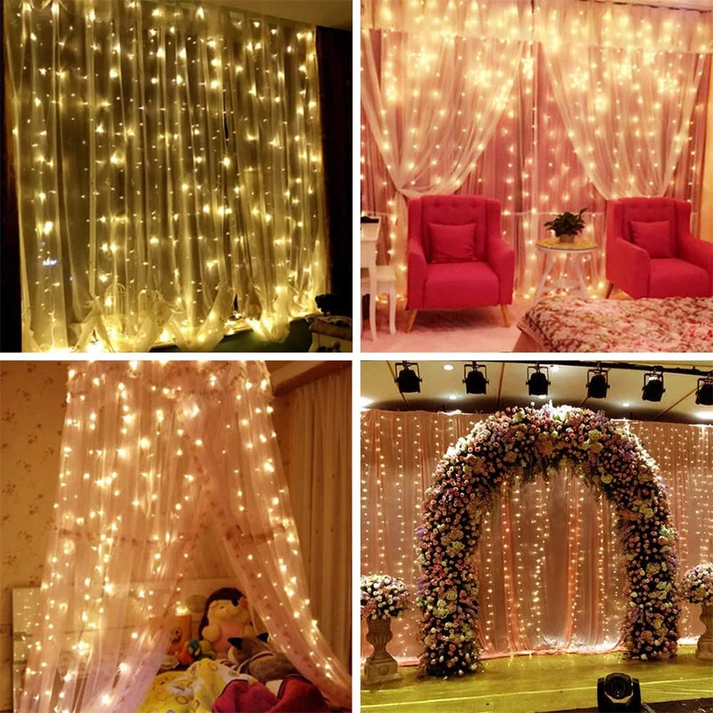 Solar Powered 300 LED Curtain Garland Fairy Lights Copper Wire String Lights for Outdoor Wedding Party Garden Bedroom Decoration