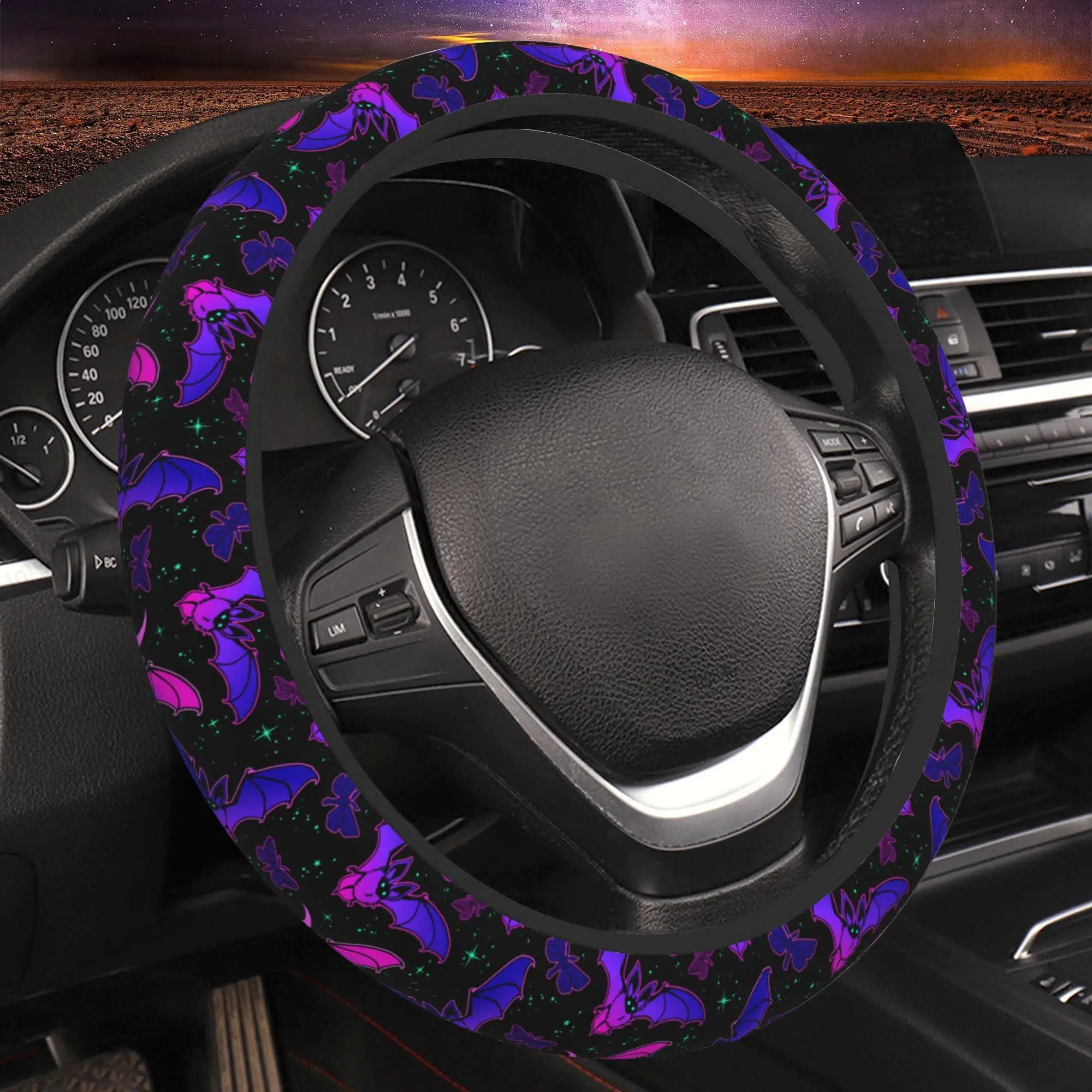 Purple Bat on Starry Sky Steering Wheel Cover Anti-Slip Car Accessories Absorbing Sweat Breathable Steering Wheel Protector