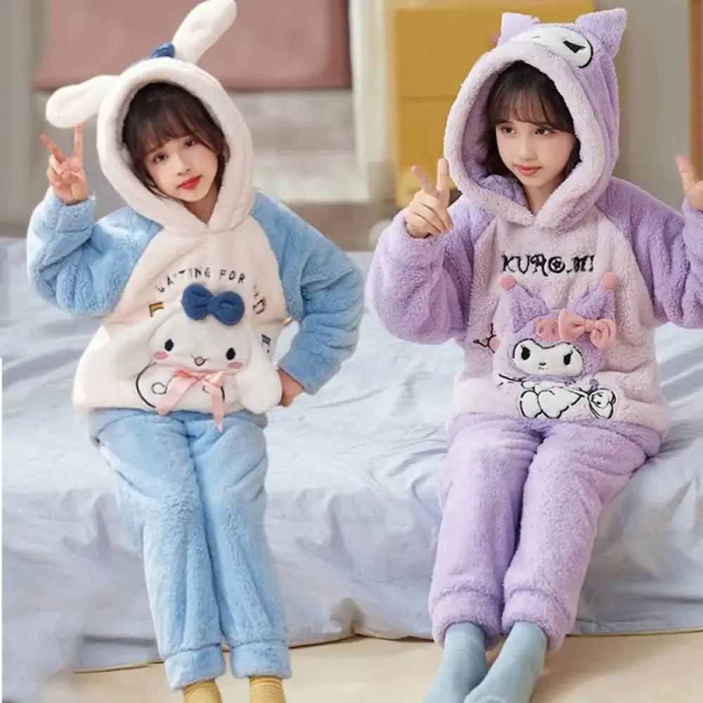 Anime Sanrio Hello Kitty Cinnamoroll Kuromi Children Winter Pajamas Cute My Melody Coral Velvet Warm Thickened Girl Pajamas Gift