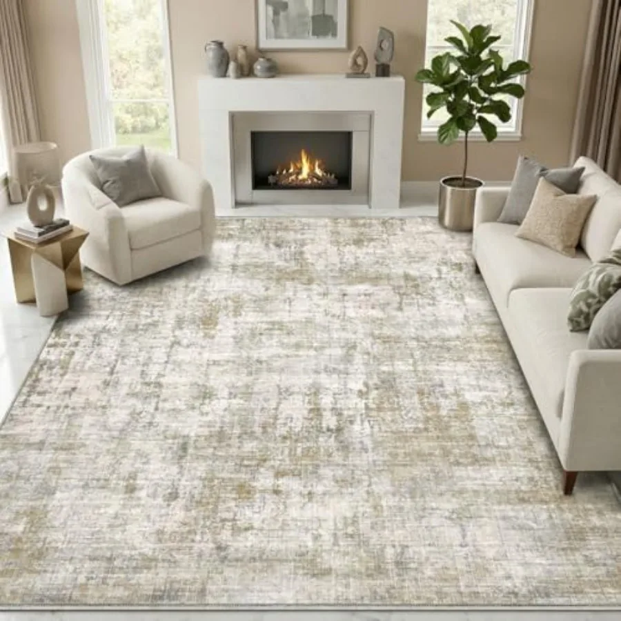 

Living Room Area Rug 8x10, Washable Tan Low-Pile Synthetic Fiber Rug with Non-Slip Backing, Soft Thickness, Modern Abstract Des