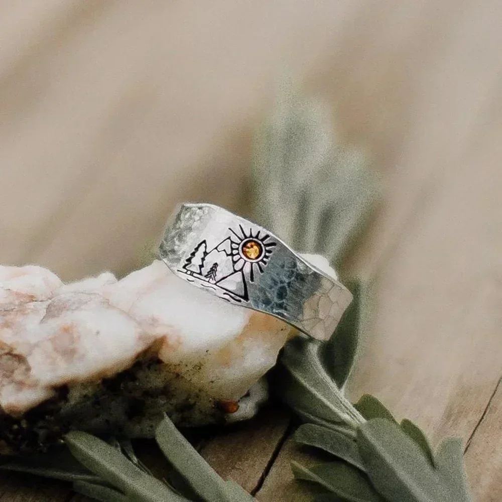 Anillo tallado para hombre y mujer, sortija ajustable con diseño de paisaje, sol, montaña, puesta de sol y naturaleza, envío directo