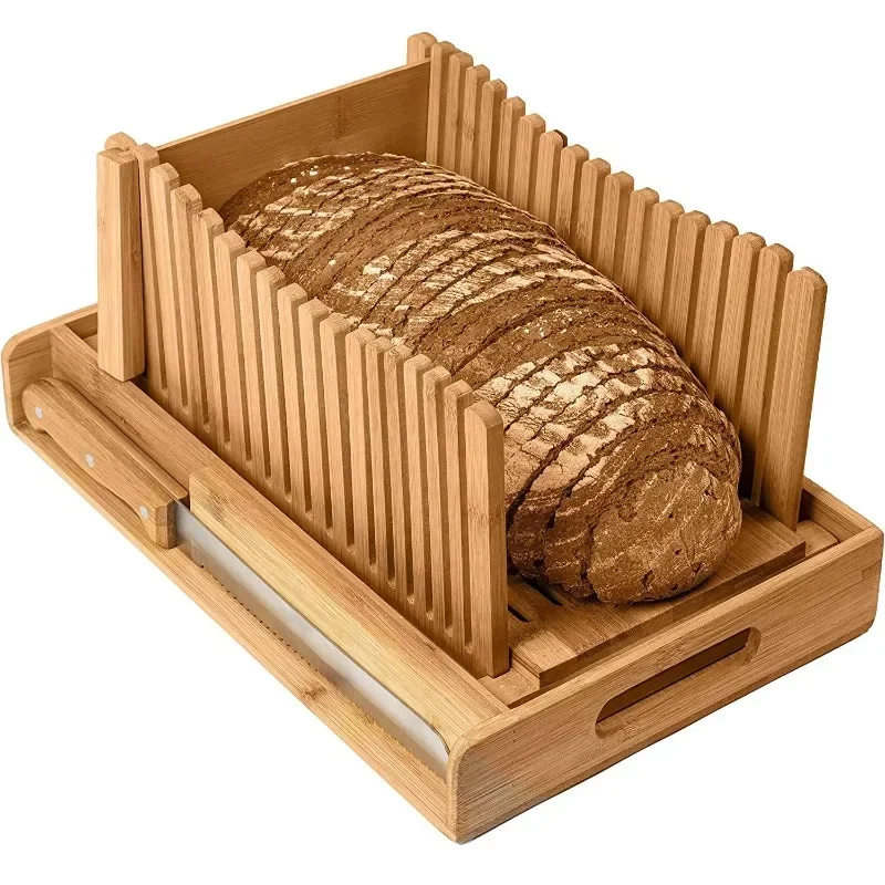 

adjustable bamboo bread slicer with knife and crumb tray