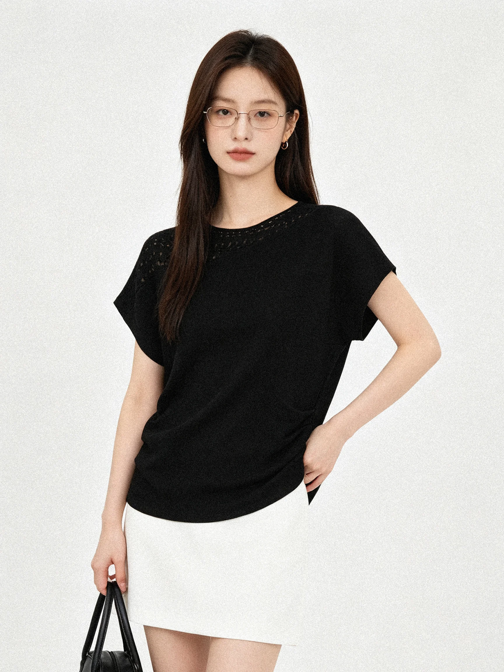 Korean Style Summer Gentle Wind Hollow out Short Sleeve T-Shirt Skin-friendly Breathable Waist-cinching Slimming Top