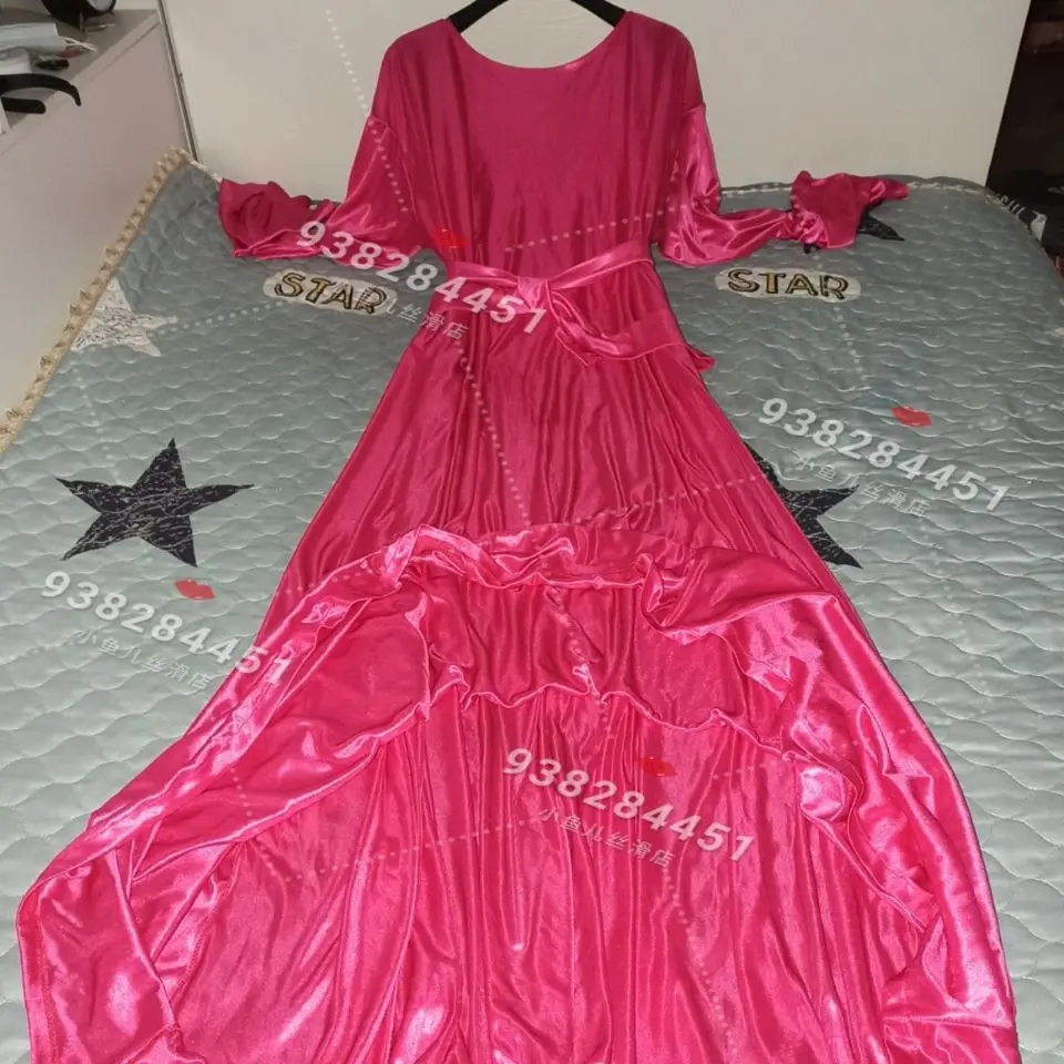 Glossy Women Satin Long Sleeve Dress Loose Lace Up Maxi Dress Plus Size Sleeping Robe