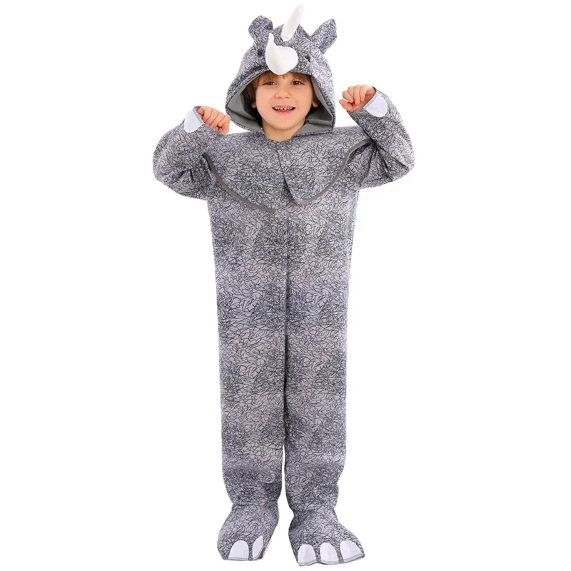 زي تنكري وحيد القرن للأولاد والبنات ، زي شخصية كرتونية ، حيوان غابة بري ، غطاء رأس ، فستان فاخر ، رمادي ، وحيد القرن ، أولاد ، بنات