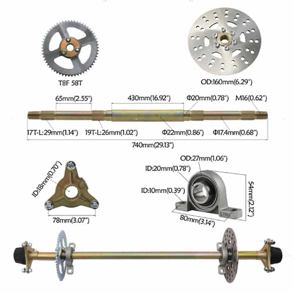 TDPRO Go Kart Rear Axle Kit Brake Hub Disc Rotor T8F Chain Sproket Brake Assembly Master Cyclinder Wheel Hub Set Assembly