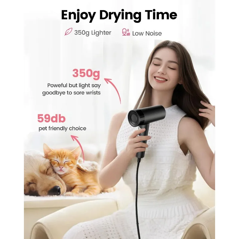Hair Dryer, 110,000 RPM High-Speed Fast Drying Blow Dryer, 500 Million Ionic Lightweight Hairdryer with Diffuser,Magnetic Nozzle