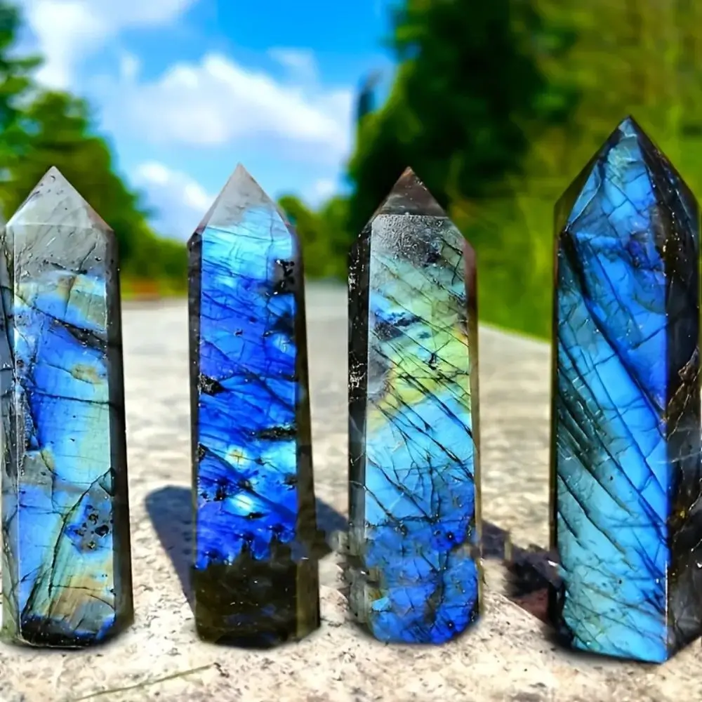 Natural Labradorite Crystal Hexagonal Faceted Quartz Crystal Stone Points Gemstone Wand Polished Healing Treatment Stone Gifts