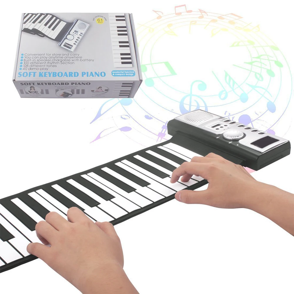 61 Keys Roll Up Piano Keyboard Portable Soft Silicone Electronic Piano with Built-in Speaker LCD Display Recording MIDI Function