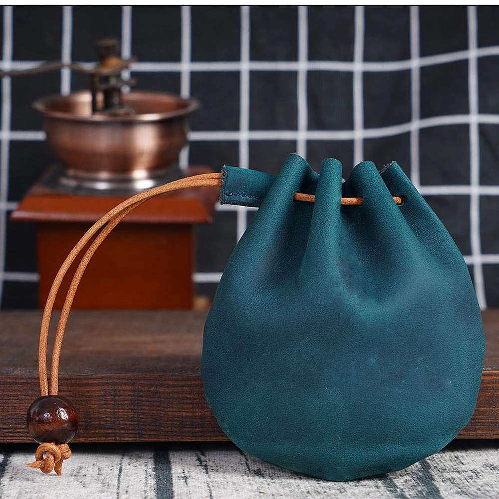Travel Drawstring Coin Pouch Vintage Leather Cinch Sack Purse for Cash Keys Organizer Handheld Mini Wallet Organizer