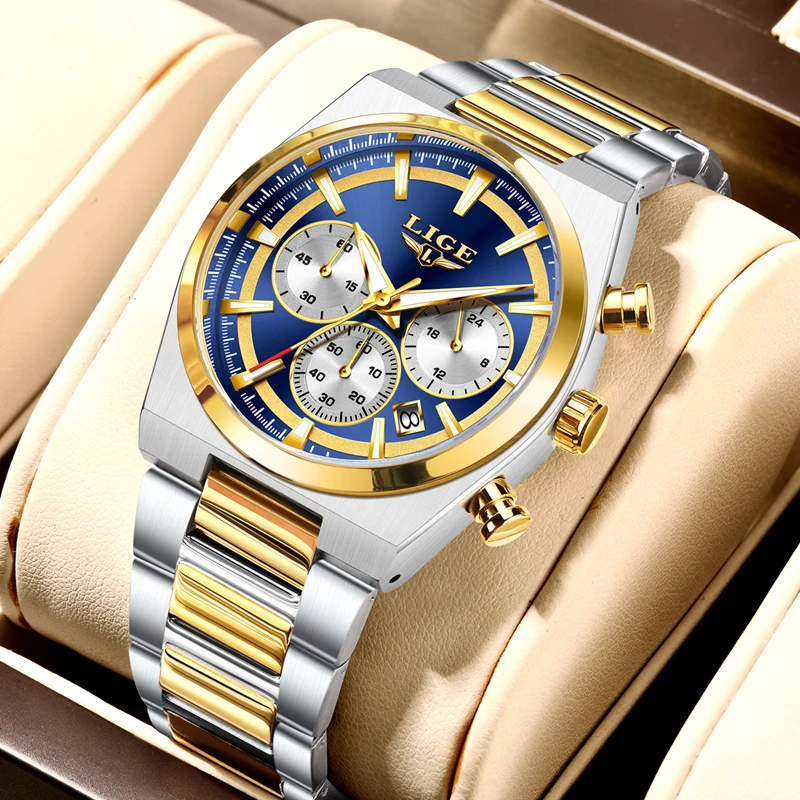 LIGE Original Fashion Men Clock Waterproof Luminous Chronograph Date Watch For Man Stainless Steel Quartz Men's Watches Male image 3