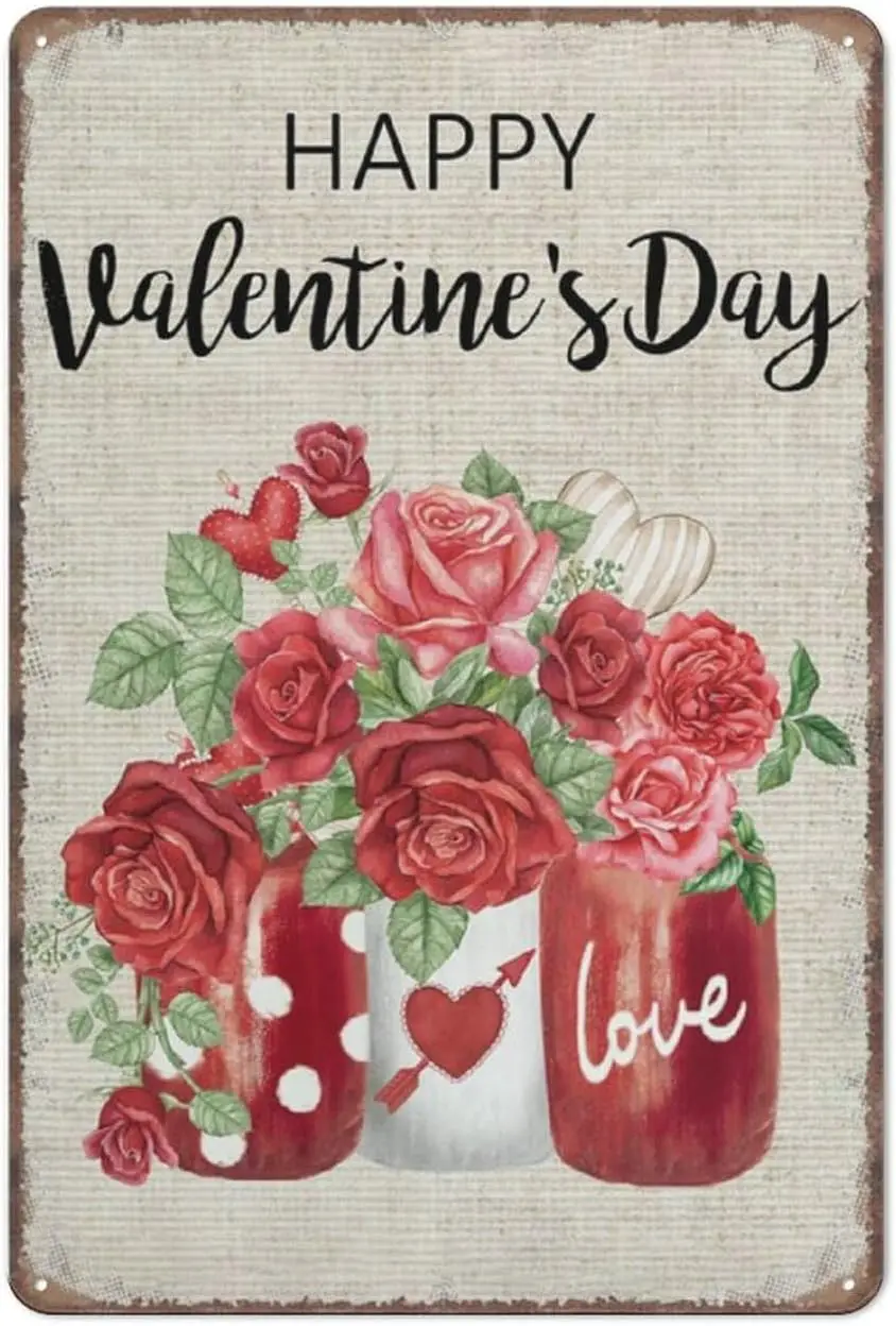 GOPUTRYEN Retro Tin Sign Valentine;s Day Rose Flower Mason Jar Metal Red Floral Wall Art Decor Funny Vintage Pos