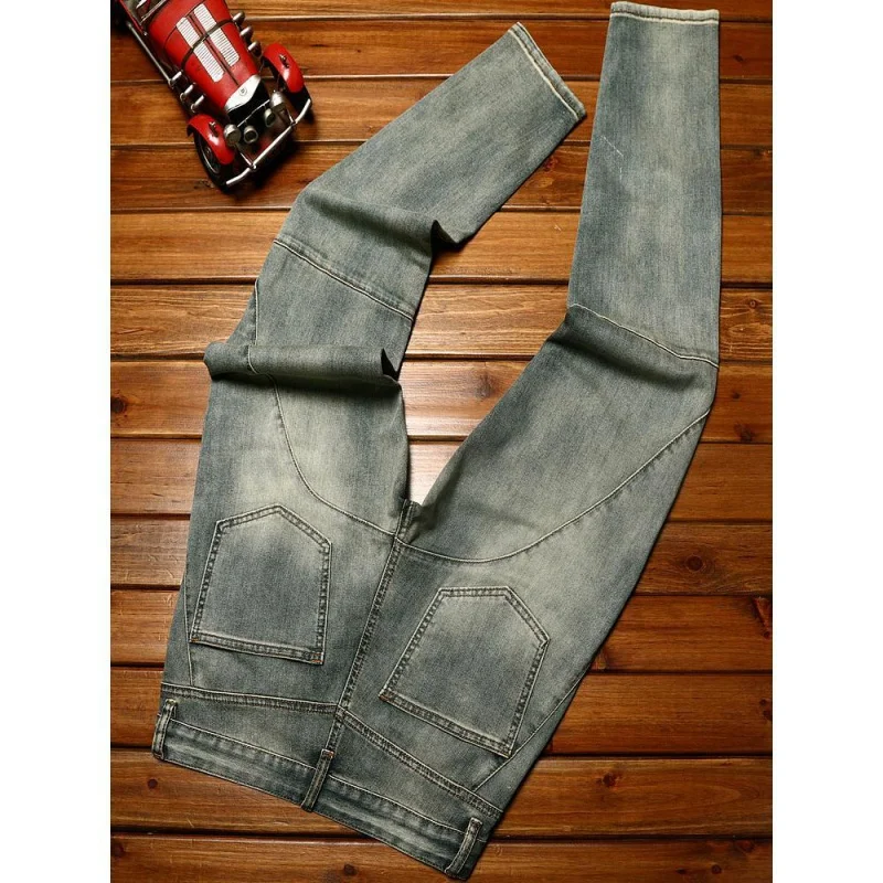New washed retro jeans for MEN'S FASHION elastic motorcycle trend slim fit straight tube fashion casual fashion biker pants