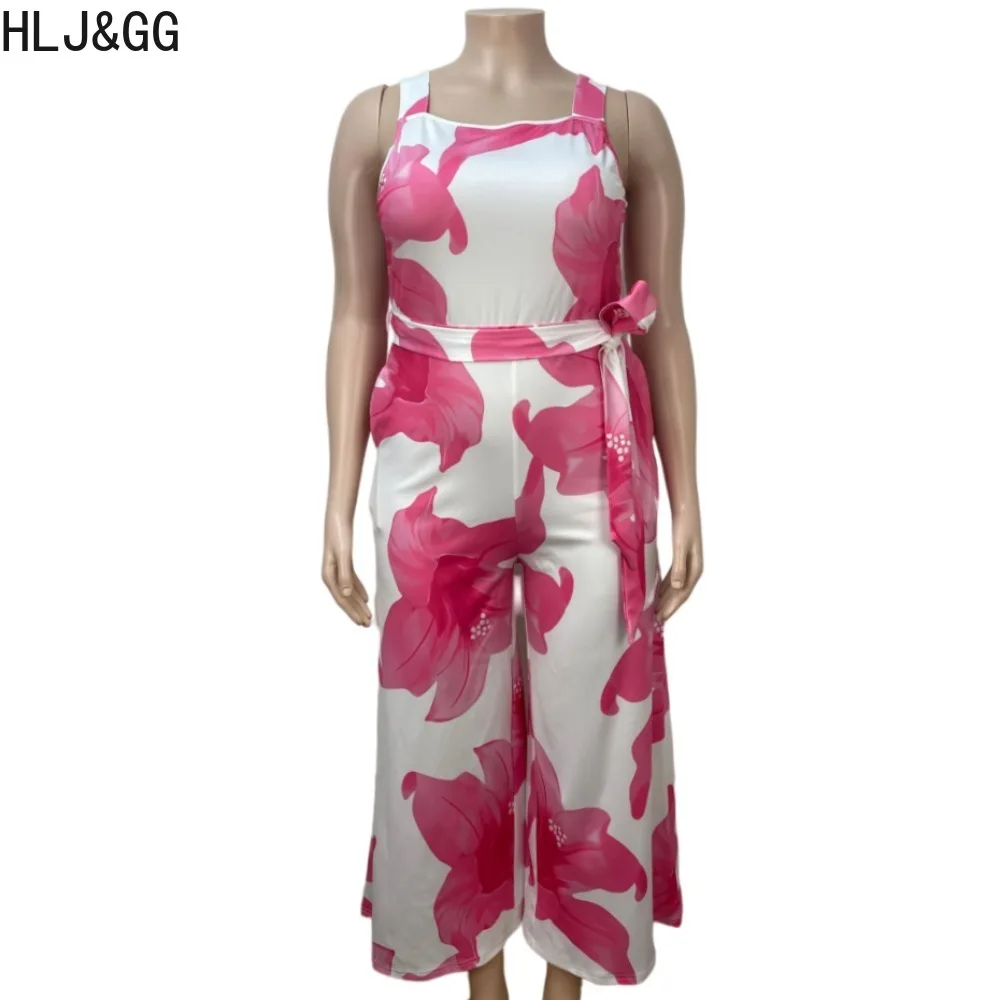 HLJ e GG-Macacões de perna larga para mulheres, estampa floral, renda para cima, calças de perna larga, gola redonda, alça, sem mangas, macacão feminino, casual