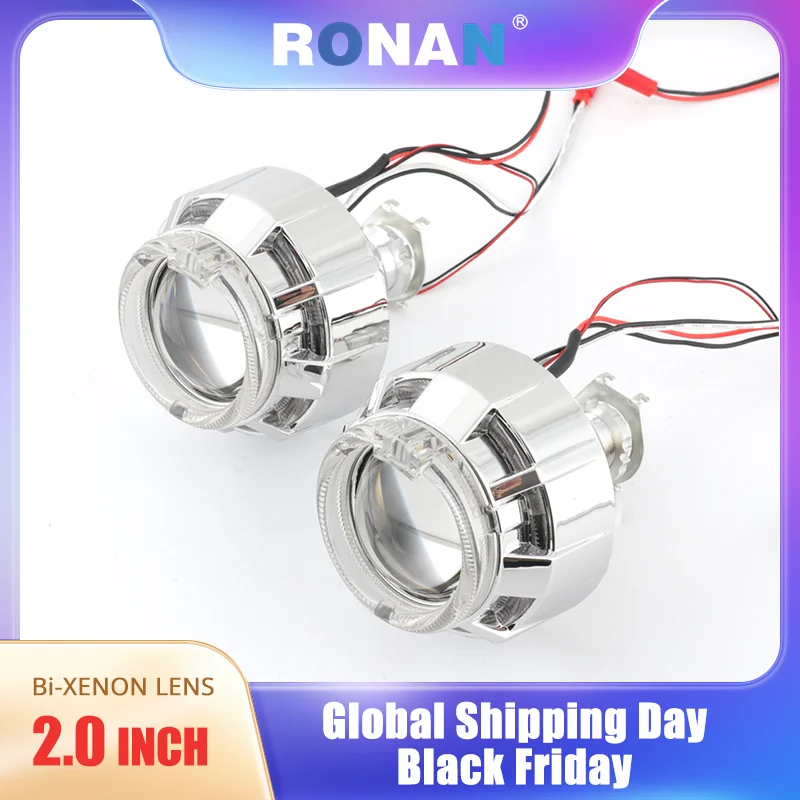 Ronan 2.0'' MH1 Bi-Xenon Automotive Lenses Dual Angel Eyes Shrouds H4 H7 Adapter Retrofit Car Motorcycle Headlight