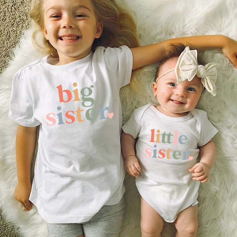 New Big Sister Little Sister Matching Sister Outfits Sibling Shirts Baby Bodysuits Cotton Baby Announcement Sisters Tshirt Gifts