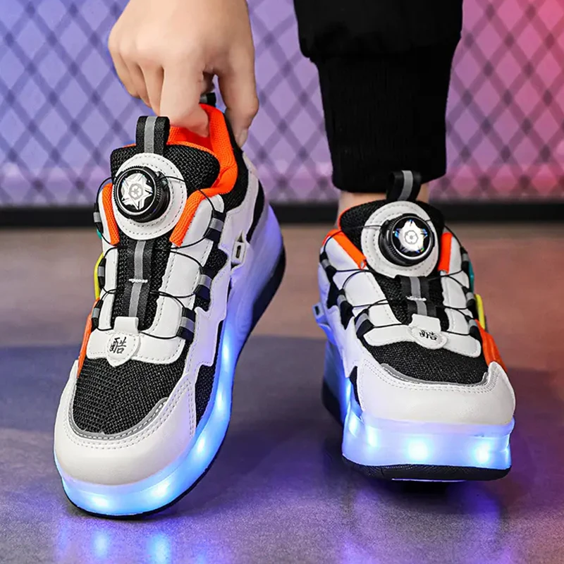 Boys\' sneakers rotating button light roller skating pulleys shoes elementary children\'s shoes Kids walking LED light shoes Girls