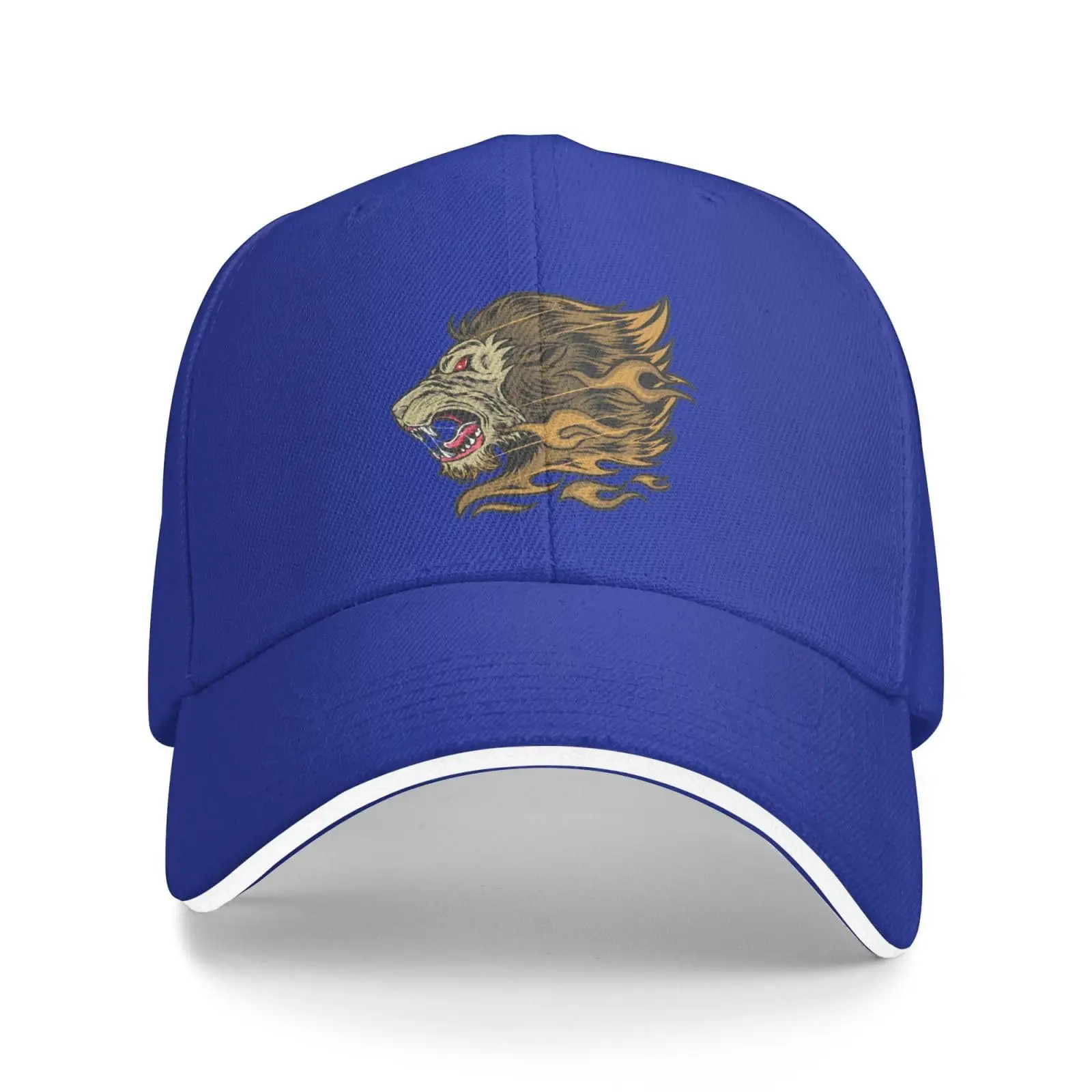 The Head of a Lion on Fire Roars Sandwich Hat Adjustable Baseball Cap Blue