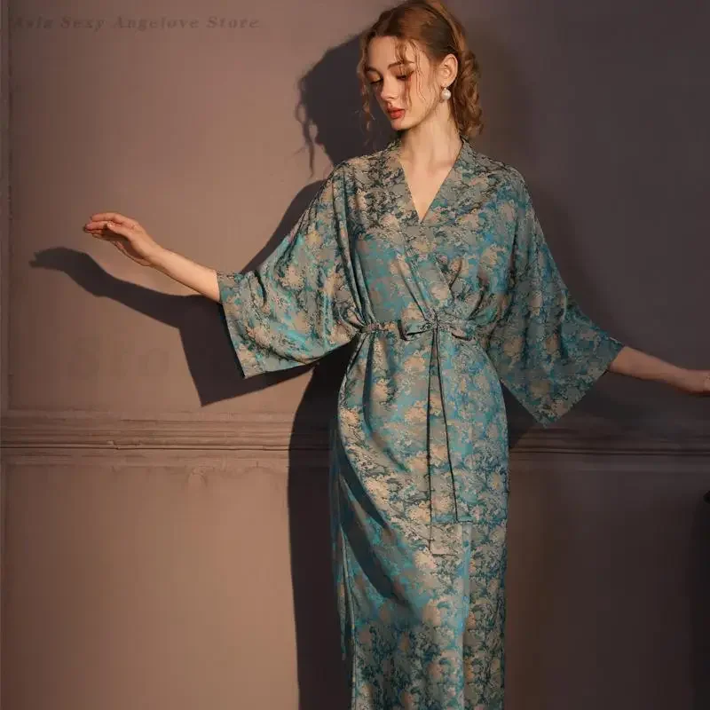 

Blue Jacquard Long Robe Negligee Bride Bathrobe Kimono Gown Spring Summer Women Sleepwear Home Wear Sexy Satin Nightgown