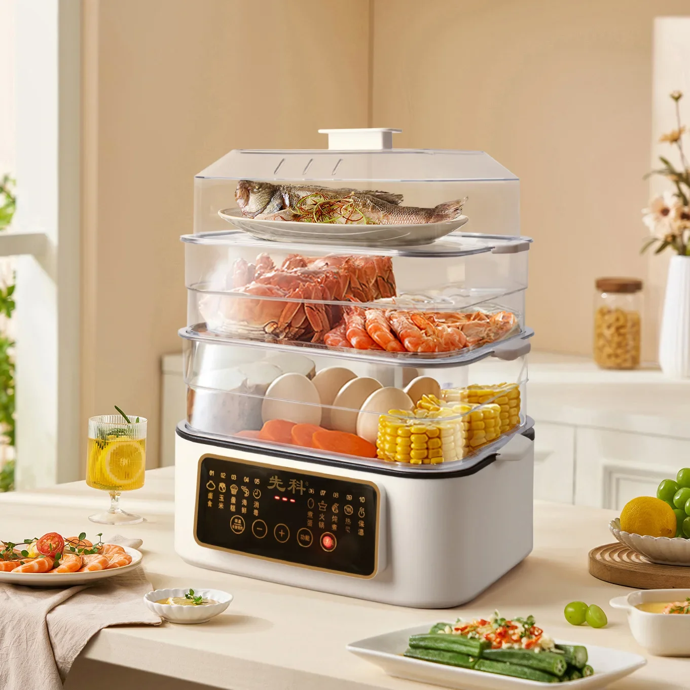 Electric Steamer, Household Multifunctional Three-Layer Transparent Steaming and Cooking Integrated Intelligent Hot Pot Steamer