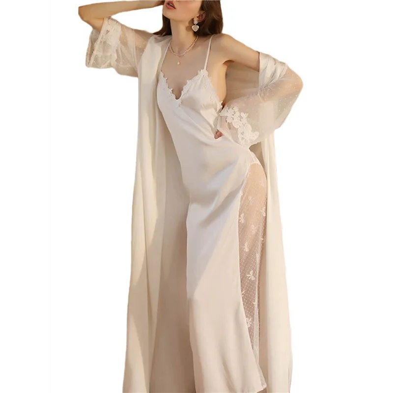 【KITS】Women's Long-Sleeved V-Neck Satin Extra-Long Nightgown Spa Dressing Gown Bathrobe Nightgown