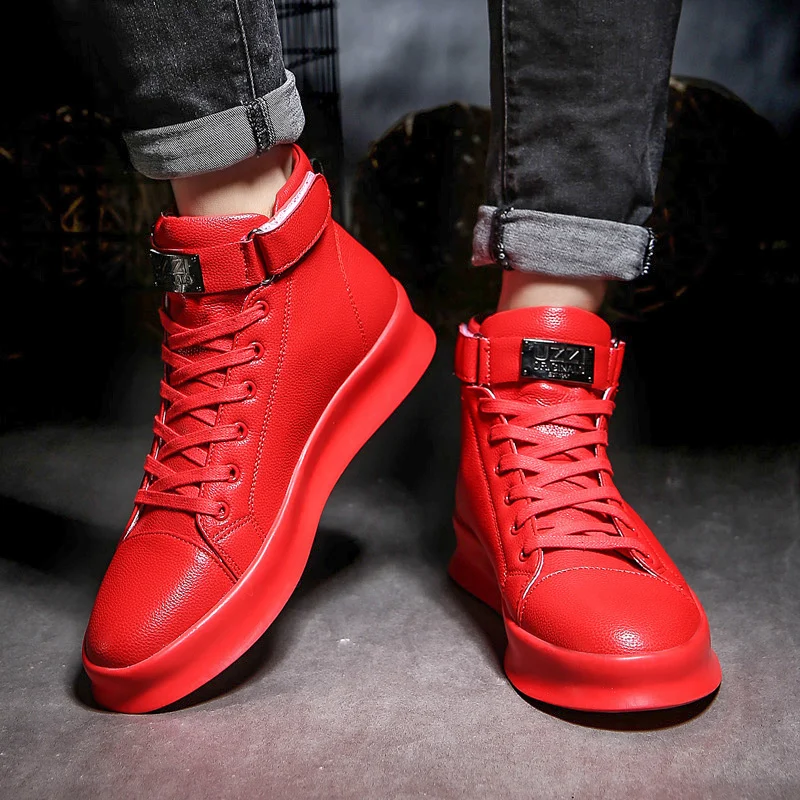 Sapatilhas masculinas de couro PU, sapatos casuais de grife plano, sapatos esportivos respiráveis Hip Hop, vermelho, moda luxuosa