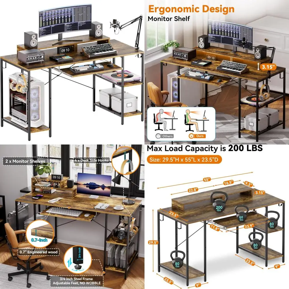 

55 Music Studio Desk with Storage, Keyboard Tray, and Monitor Stands