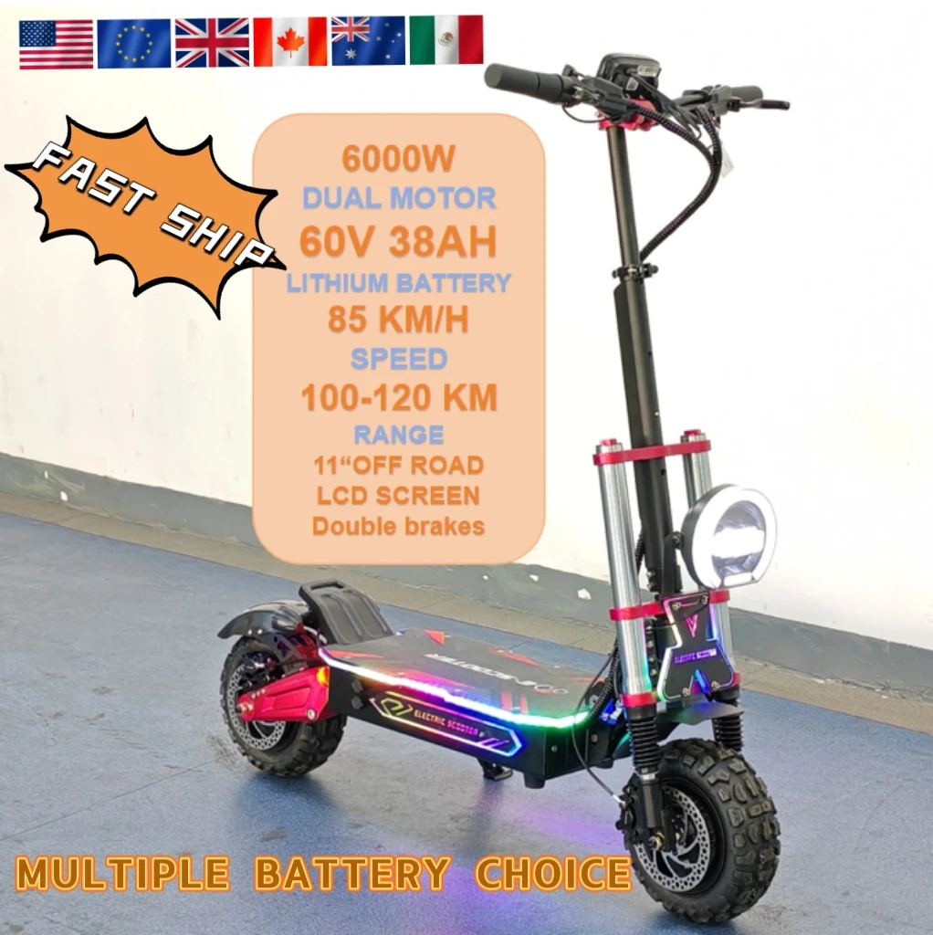 

New 6000W Dual Motor 60V 38AH Electric Scooter 11 inch Off-Road Tyres with Seat Max Speed 85km/h LCD Display Foldable Escooter