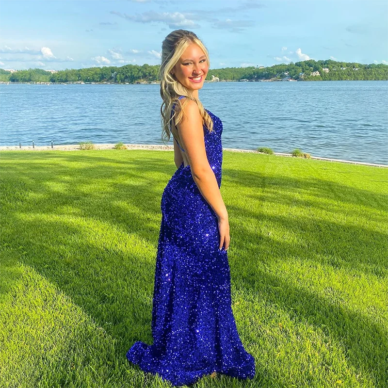 

BLUE Prom Dresses Sequin Dual Straps Criss-cross Evening Gown Backless Elegant Mermaid Sweep Train Vestido De Noche for Women