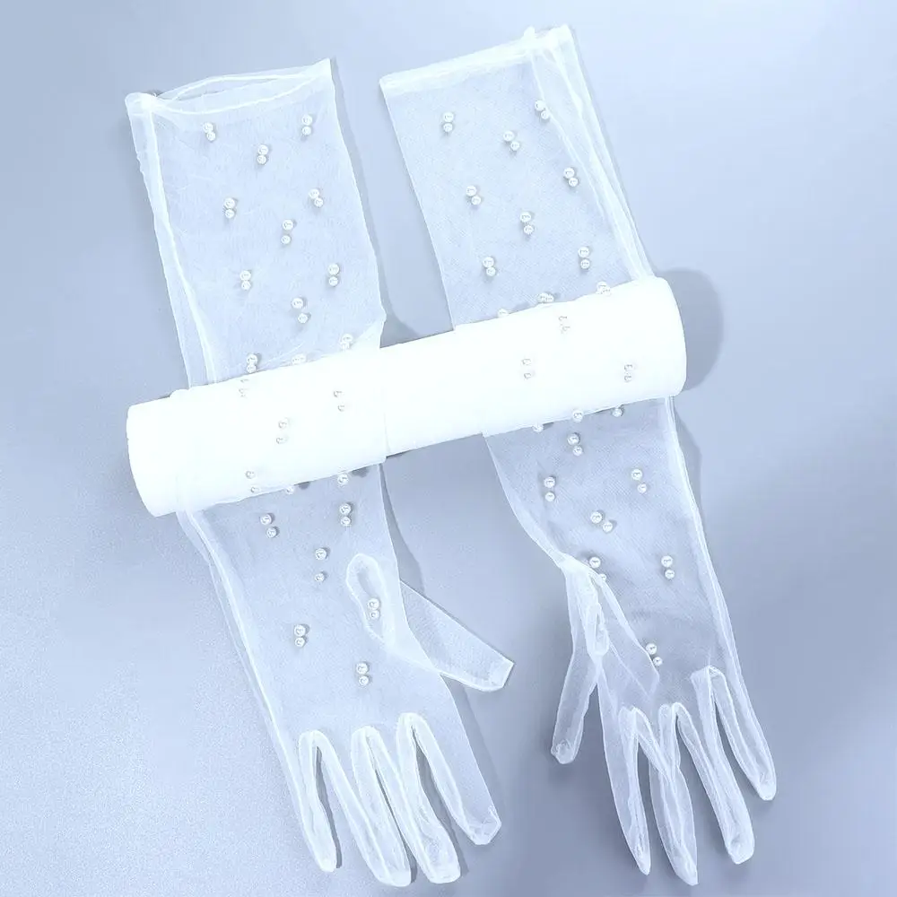 Women Elegant Marriage Party Chiffon Lace Fingerless Gloves Bridal Gloves Full Finger Gloves Wedding Accessories