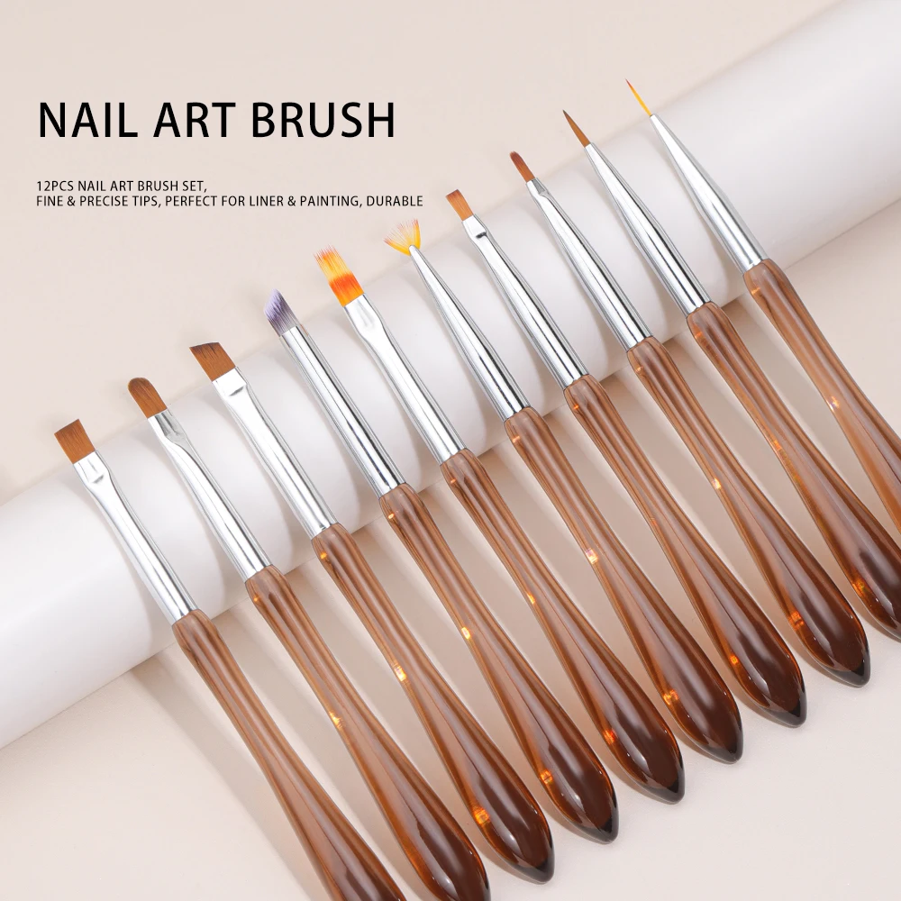 12PCS Nail Art Brush Set Fine Liner Painting Gradient French Design Brushes Brown Handle Manicure Salon DIY Tools