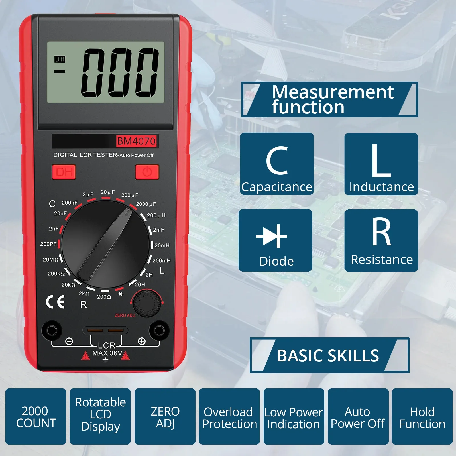 LCR Meter with Crocodile Clip Large Screen Data Retention Function for Measuring Capacitance Inductance Resistance Selfdischarge