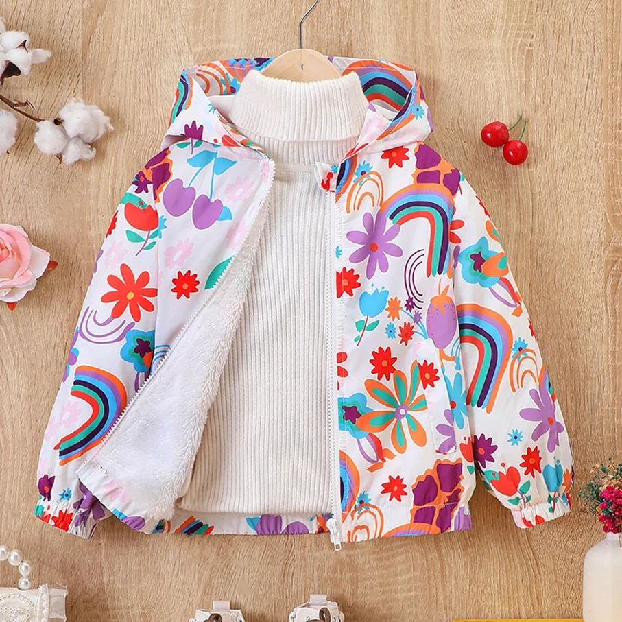

2025 Toddler Girls Heart Graphic Hooded Jacket Zipper Casual Coat Outerwear Cloting Top Kids Clothes Girls For 2 3 4 5 7 Years