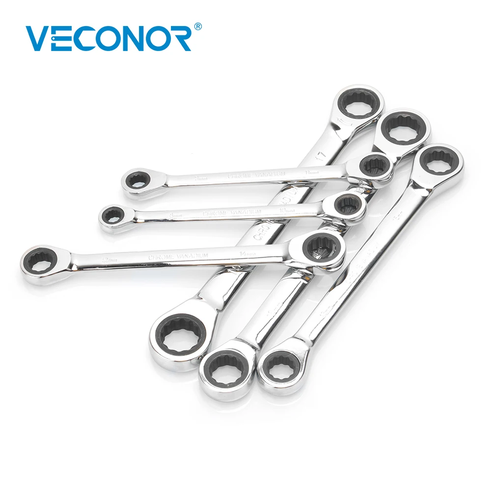 Veconor 6pcs/set Double Ratcheting Head Wrench Spanner Set A Set Of Key Wrench 8~19mm With Plastic Tool Storage Rack