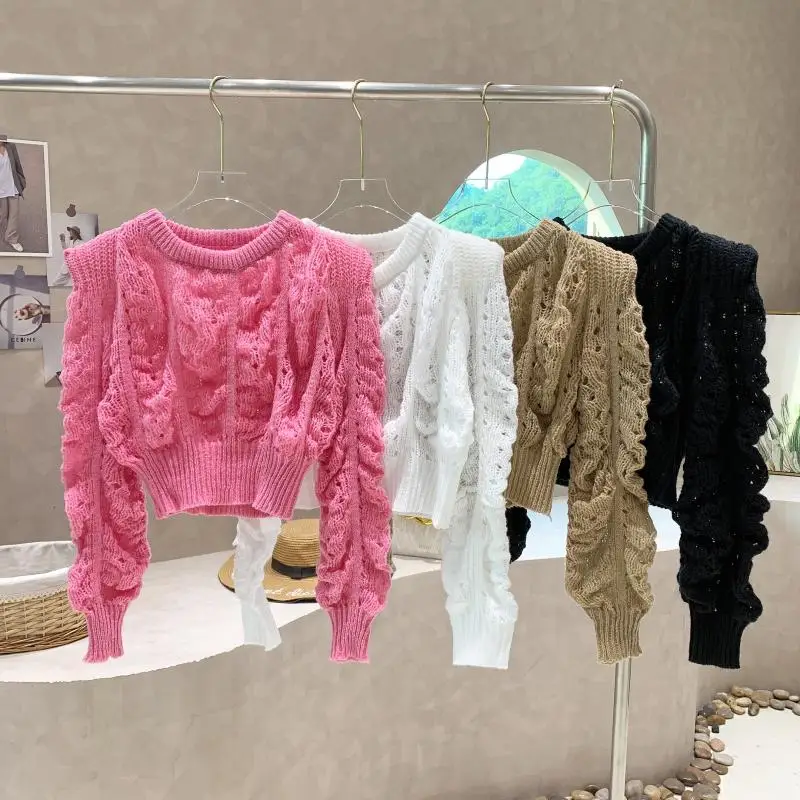 Lazy Vintage Pink Hollow Out Cropped Sweater for Women 2024 Puff Sleeve Tshirt Korean Clothes Jersey Jumper Sueter Mujer Knit